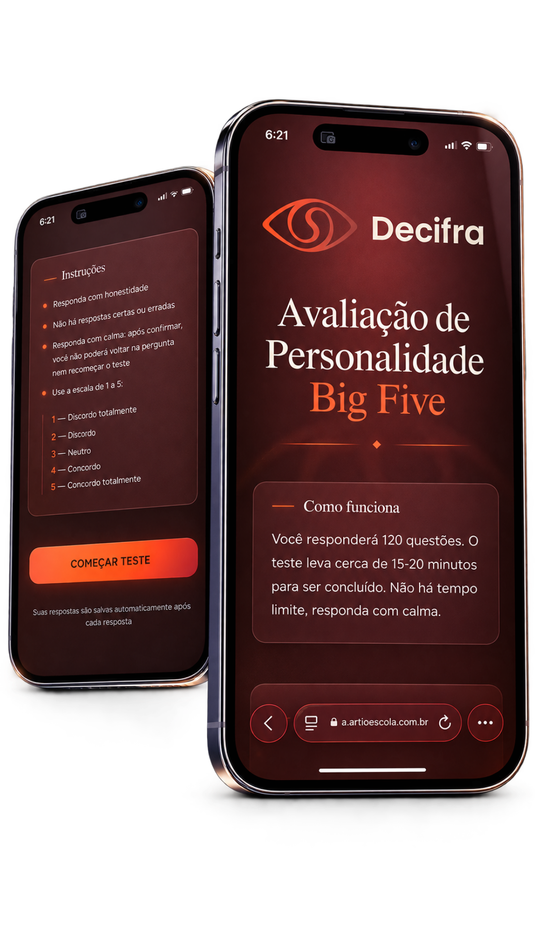 App Decifra aberto em dois celulares mostrando a avaliação Big Five